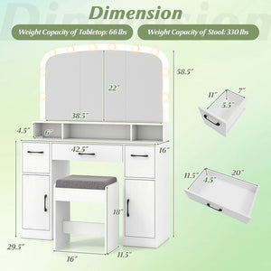 Vanity Desk Makeup Table with Stool 3-Color Lights and Charging Station-White view 5