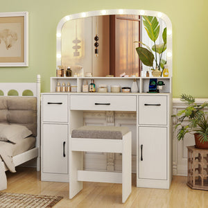 Vanity Desk Makeup Table with Stool 3-Color Lights and Charging Station-White view 8