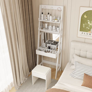 Vanity Desk Set with Flip Top Mirror, Hidden Storage Compartments and Cushioned Stool-White view 3