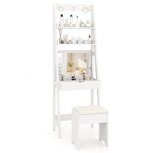 Vanity Desk Set with Flip Top Mirror, Hidden Storage Compartments and Cushioned Stool-White view 4