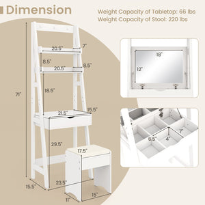 Vanity Desk Set with Flip Top Mirror, Hidden Storage Compartments and Cushioned Stool-White view 5