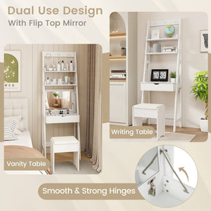 Vanity Desk Set with Flip Top Mirror, Hidden Storage Compartments and Cushioned Stool-White view 7