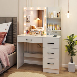 Vanity Desk with 3-Color Lights and Power Outlets-White view 5