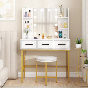 Vanity Desk with Mirror and Lights Makeup Dressing Table and Cushioned Stool Set-White view 2
