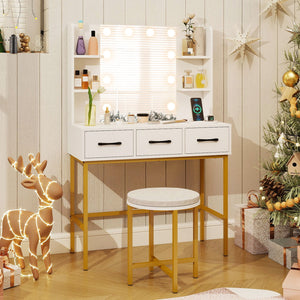 Vanity Desk with Mirror and Lights Makeup Dressing Table and Cushioned Stool Set-White view 3