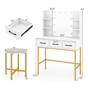 Vanity Desk with Mirror and Lights Makeup Dressing Table and Cushioned Stool Set-White view 4