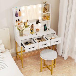 Vanity Desk with Mirror and Lights Makeup Dressing Table and Cushioned Stool Set-White view 5