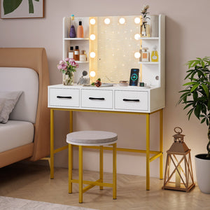 Vanity Desk with Mirror and Lights Makeup Dressing Table and Cushioned Stool Set-White view 6