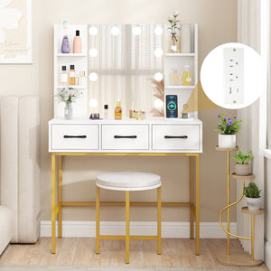 Vanity Desk with Mirror and Lights Makeup Dressing Table and Cushioned Stool Set-White view 7