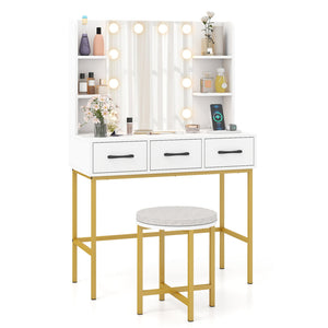 Vanity Desk with Mirror and Lights Makeup Dressing Table and Cushioned Stool Set-White view 8