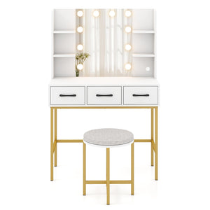 Vanity Desk with Mirror and Lights Makeup Dressing Table and Cushioned Stool Set-White view 9
