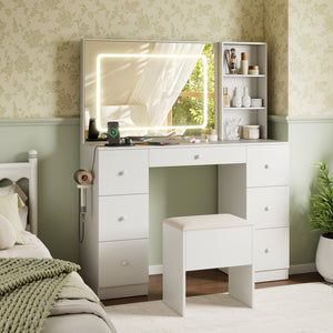 Vanity Desk with Mirror and Lights Makeup Dressing Table Vanity Table and Stool Set-White view 2
