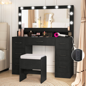 Vanity Desk with Mirror and Lights Makeup Table with Power Outlets-Black view 6