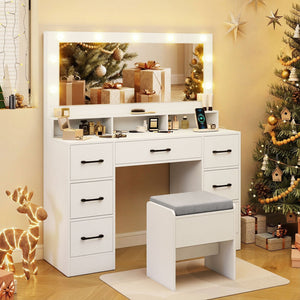 Vanity Desk with Mirror and Lights Makeup Table with Power Outlets-White view 2