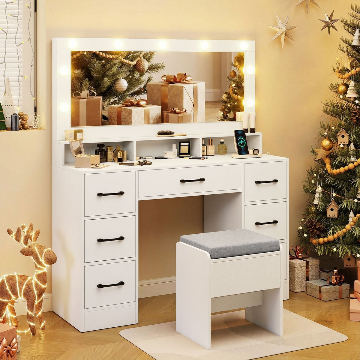 Vanity Desk with Mirror and Lights Makeup Table with Power Outlets-White view 2