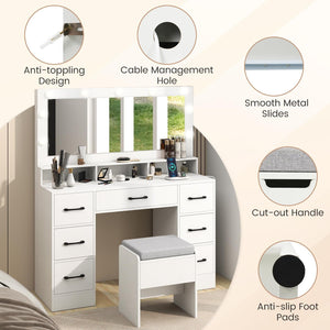 Vanity Desk with Mirror and Lights Makeup Table with Power Outlets-White view 6