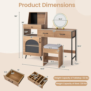 Vanity Desk with Mirror & Lights with Ring Slots & Necklace Hooks for Makeup-Natural & White view 4