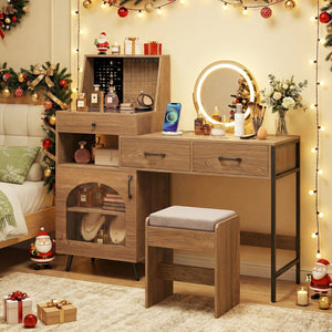 Vanity Desk with Mirror & Lights with Ring Slots & Necklace Hooks for Makeup-Natural & White view 5