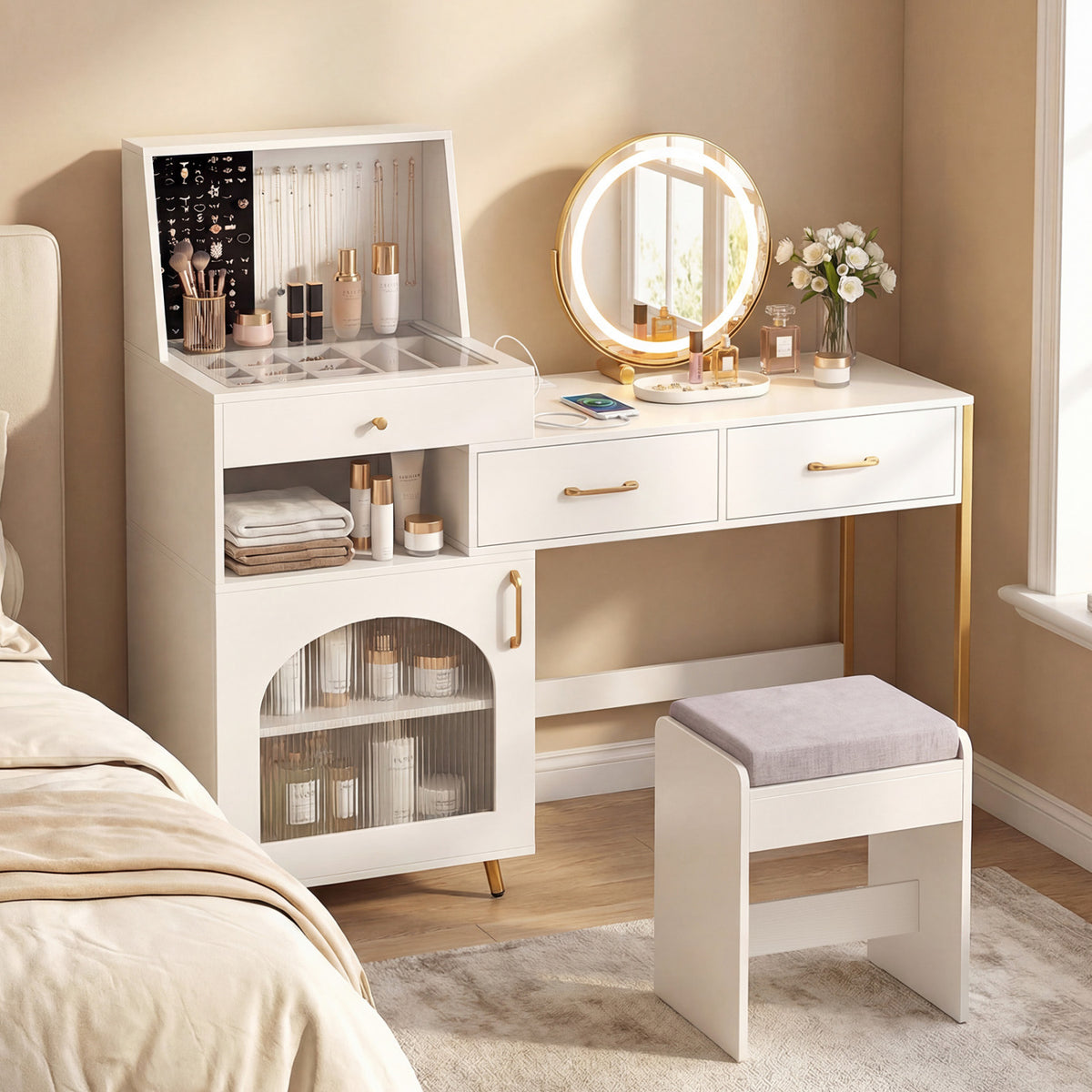 Vanity Desk with Mirror & Lights with Ring Slots & Necklace Hooks for Makeup-White view 2