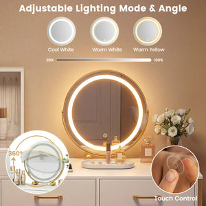 Vanity Desk with Mirror & Lights with Ring Slots & Necklace Hooks for Makeup-White view 8