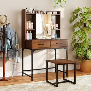 Vanity Desk with Storage Drawers and Charging Station-Walnut view 2