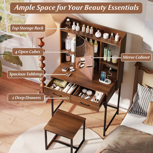Vanity Desk with Storage Drawers and Charging Station-Walnut view 8