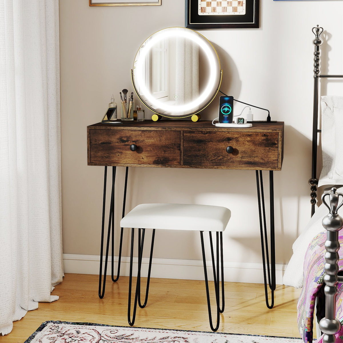 Vanity Desk with with Lighted Adjustable Mirror for Bedroom-Rustic Brown view 2