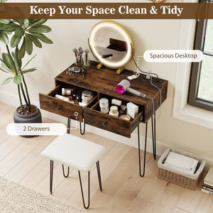 Vanity Desk with with Lighted Adjustable Mirror for Bedroom-Rustic Brown view 9
