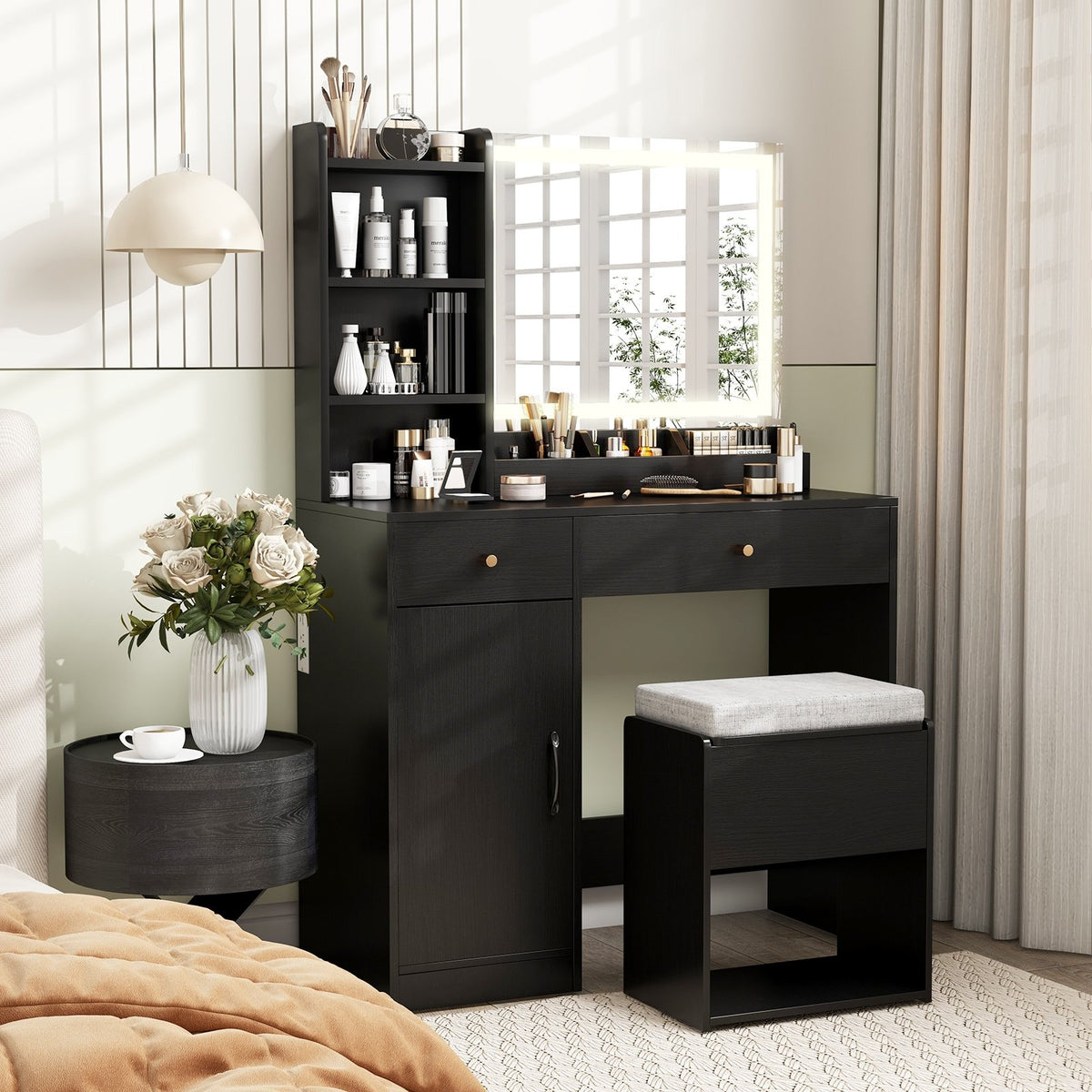 Vanity Dressing Table and Chair Set with Mirror and Lights-Black view 2