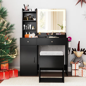 Vanity Dressing Table and Chair Set with Mirror and Lights-Black view 3
