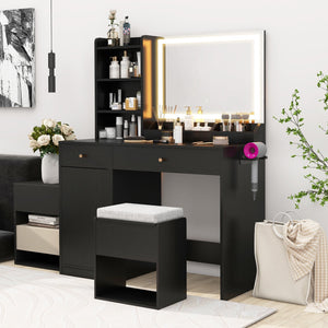 Vanity Dressing Table and Chair Set with Mirror and Lights-Black view 4