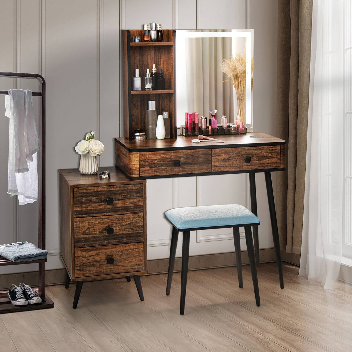 Vanity Makeup Table Set with Lighted Mirror-Brown view 2