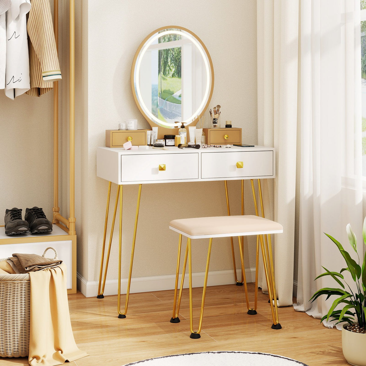 Vanity Table Set with 3-Color Lighted Dimmable Mirror-White view 2