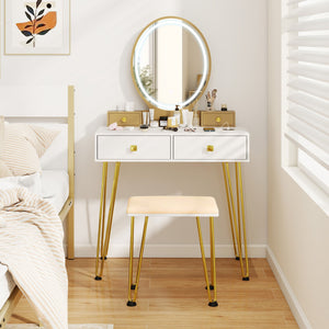 Vanity Table Set with 3-Color Lighted Dimmable Mirror-White view 3