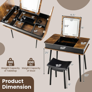 Vanity Table Set with Flip Top Mirror Lights USB Writing Desk and Stool-Brown view 5