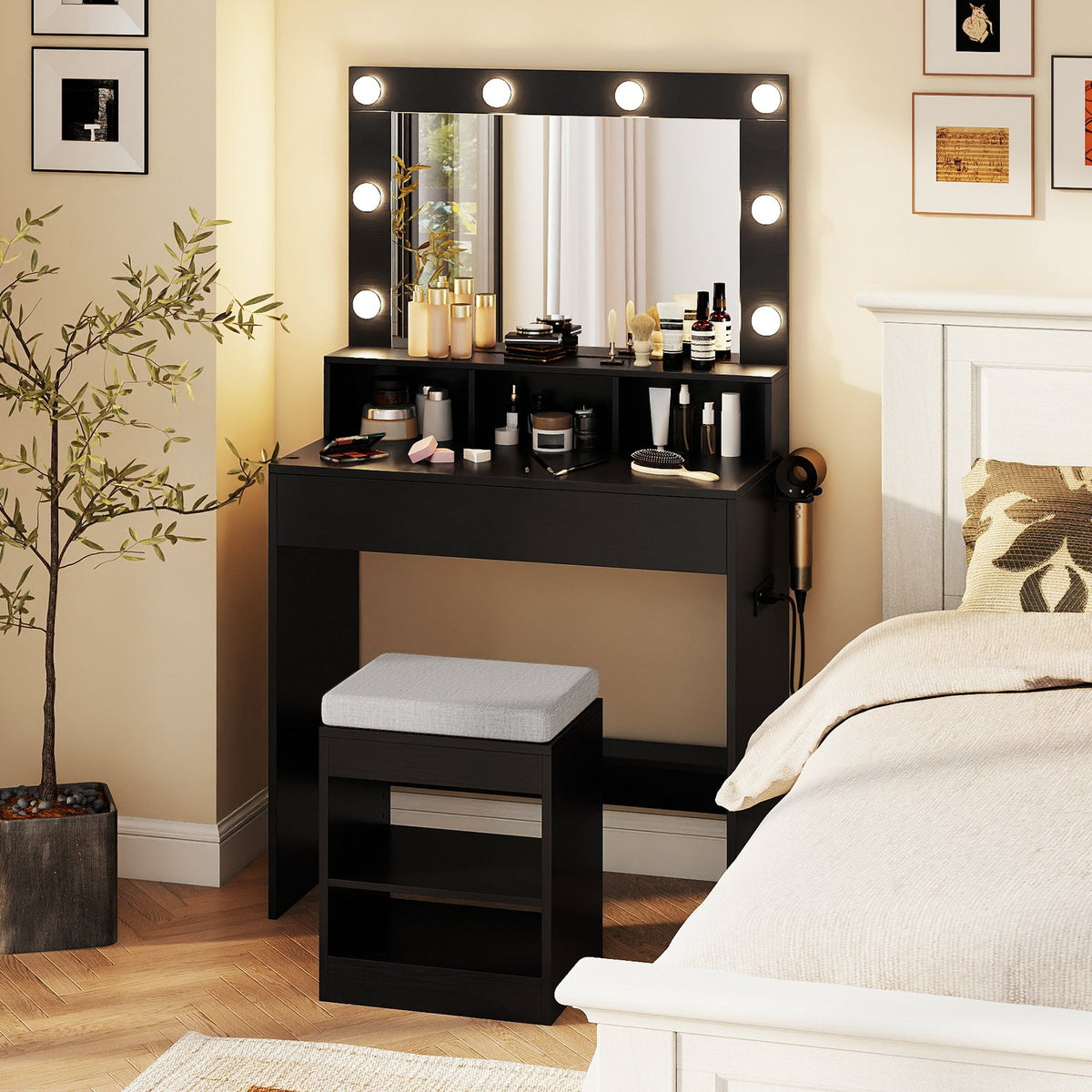 Vanity Table Set with Lighted Mirror and Cushion Stool-Black view 2