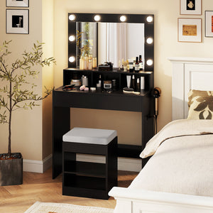 Vanity Table Set with Lighted Mirror and Cushion Stool-Black view 2