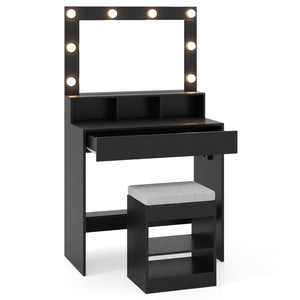 Vanity Table Set with Lighted Mirror and Cushion Stool-Black view 3