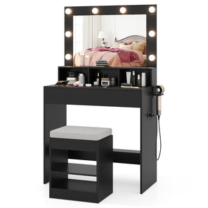 Vanity Table Set with Lighted Mirror and Cushion Stool-Black view 4