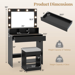 Vanity Table Set with Lighted Mirror and Cushion Stool-Black view 5