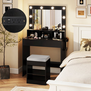 Vanity Table Set with Lighted Mirror and Cushion Stool-Black view 6