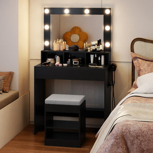 Vanity Table Set with Lighted Mirror and Cushion Stool-Black view 7