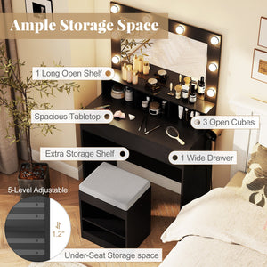Vanity Table Set with Lighted Mirror and Cushion Stool-Black view 8