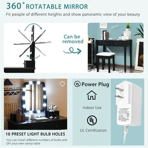Vanity Table Set with Lighted Mirror for Bedroom and Dressing Room-Black view 3