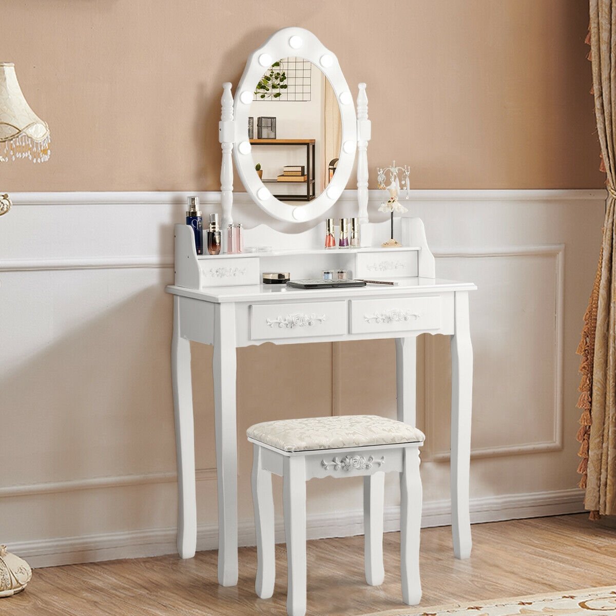 Makeup Vanity Dressing Table Set with Dimmable Bulbs Cushioned Stool-White view 2