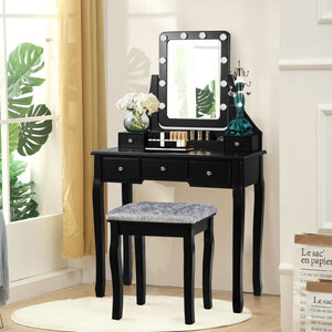 Vanity Dressing Table Set with 10 Dimmable Bulbs and Cushioned Stool-Black view 2