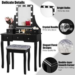 Vanity Dressing Table Set with 10 Dimmable Bulbs and Cushioned Stool-Black view 3
