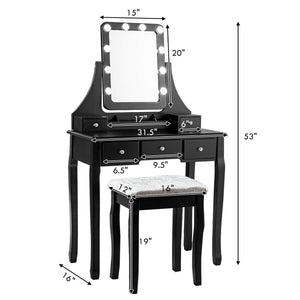 Vanity Dressing Table Set with 10 Dimmable Bulbs and Cushioned Stool-Black view 4