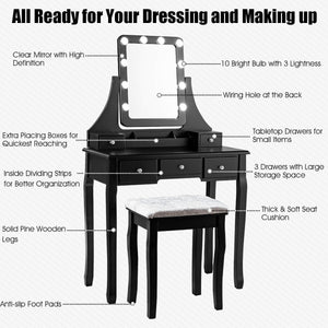 Vanity Dressing Table Set with 10 Dimmable Bulbs and Cushioned Stool-Black view 5