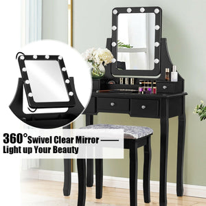 Vanity Dressing Table Set with 10 Dimmable Bulbs and Cushioned Stool-Black view 7